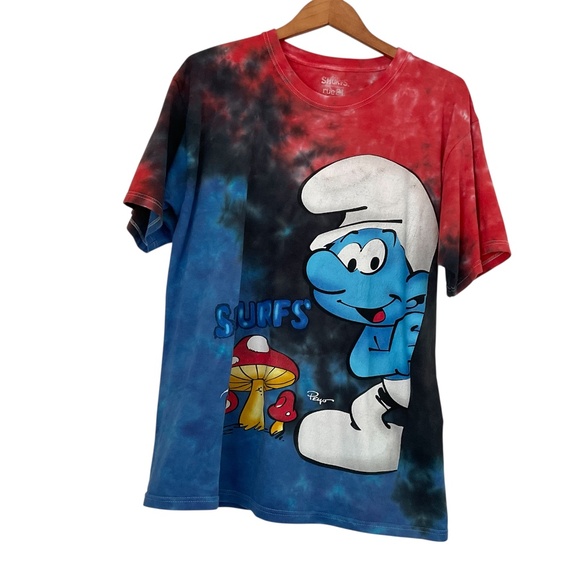 Rue 21 Smurfs T -Shirt Sz L Red Blue Tie Dye Mushrooms Colorful Kidcore 90s Y2K - Picture 1 of 6
